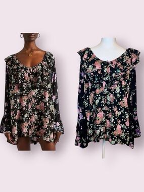 Free People Loretta Floral Button Up Tunic Dress Ruffle Neckline Black Small